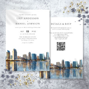 San Diego Skyline Akvarell QR-kod Bröllop Inbjudningar