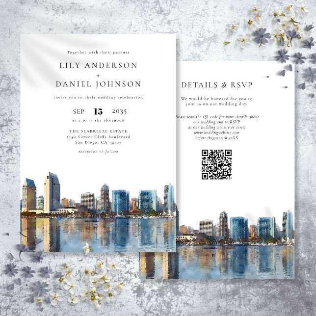 San Diego Skyline Akvarell QR-kod Bröllop Inbjudningar (San Diego Skyline Watercolor QR Code Wedding Invitation)