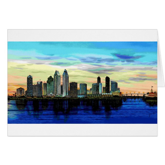 SAN DIEGO SKYLINE DUSK HÄLSNINGSKORT (Framsidan Horizontal)