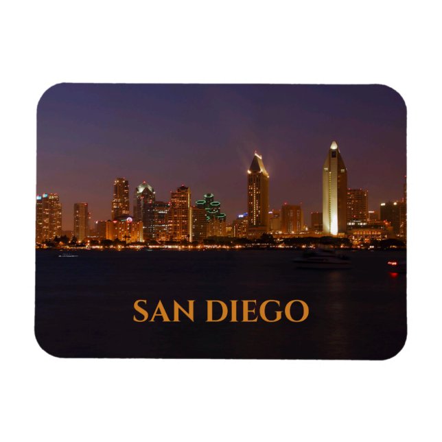 San Diego Skyline Night Ljus från San Diego Bay Magnet (Horisontell)