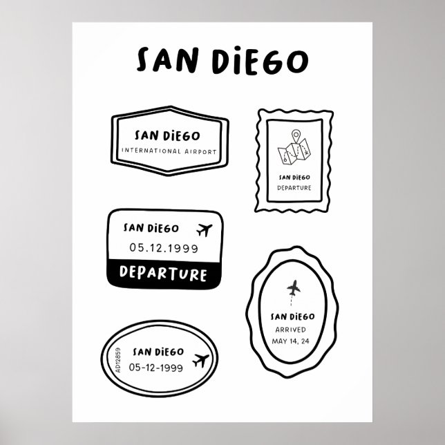 San Diego - Travel Frimärke Collection | Minimalis Poster (Framsidan)