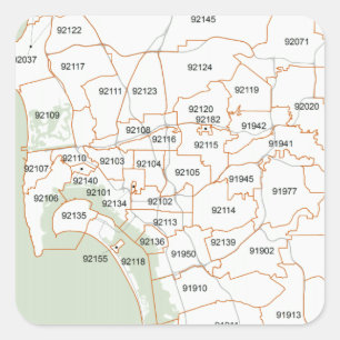 San Diego Zip Code Karta Fyrkantigt Klistermärke