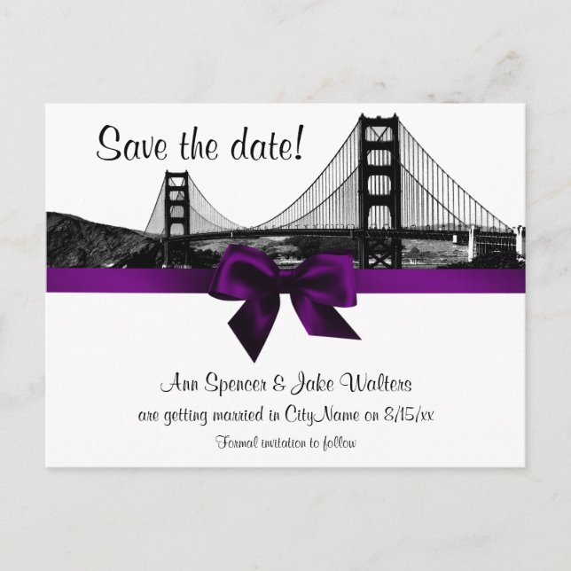 San Fran Skyline Etched BW Purple Spara datumet Meddelande Vykort (Framsida)