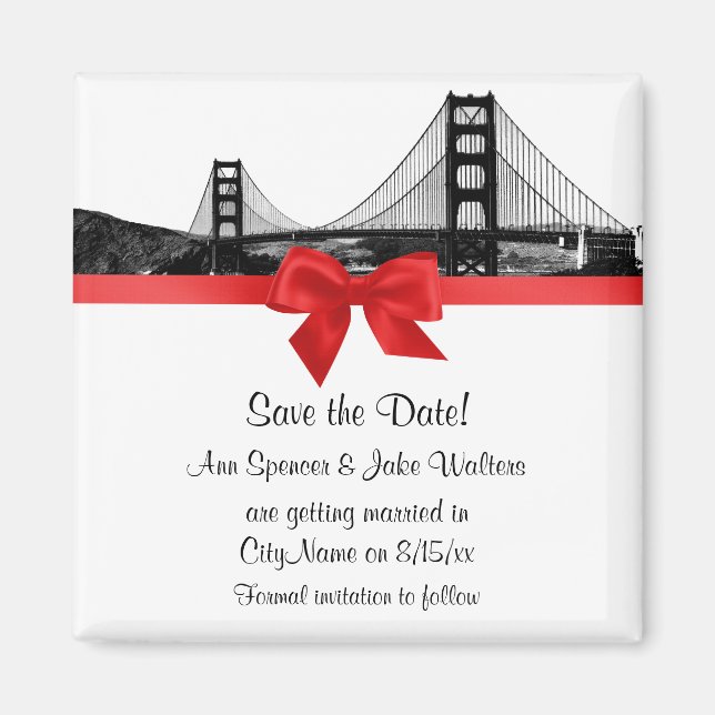 San Fran Skyline Etched BW Red Save Date Magnet (Framsidan)