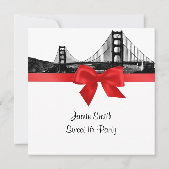 San Fran Skyline Etched BW Red Sweet sixteen SQ Inbjudningar (Framsida)