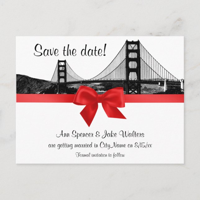 San Fran Skyline Etched BW Röd Save the Date Meddelande Vykort (Framsida)