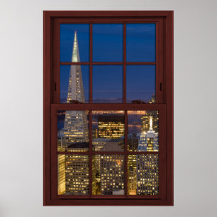 San Fran Skyline vid Night Faux Cherry Wood Window Poster