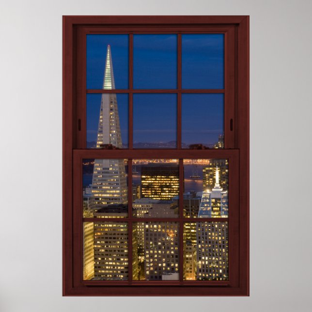 San Fran Skyline vid Night Faux Cherry Wood Window Poster (Framsidan)