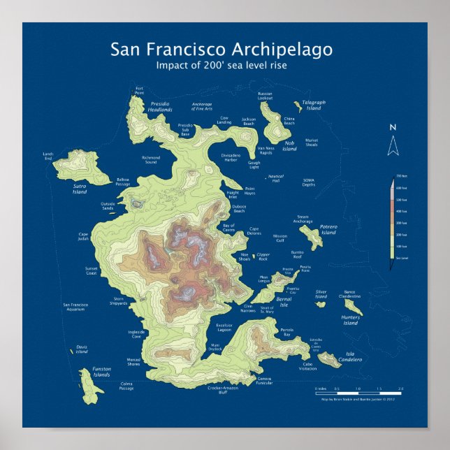 San Francisco Archipelago, 200' Havsnivå stiga upp Poster (Framsidan)
