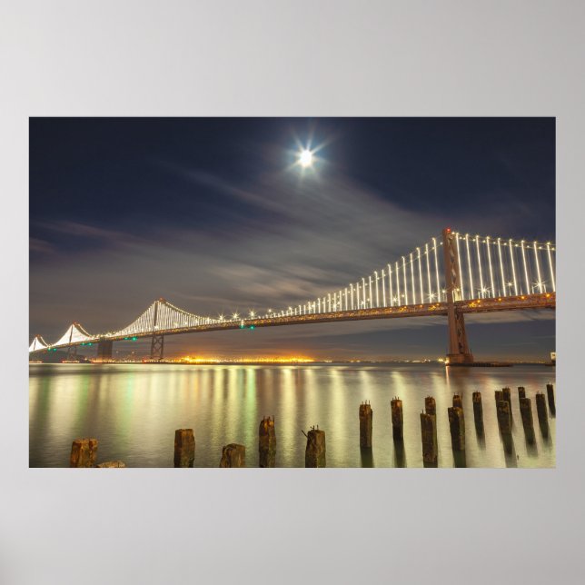 San Francisco Bay Bridge på natten med måne  Poster (Framsidan)