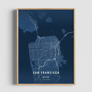San Francisco Blå Karttryck Väggkonst Affisch Pres
