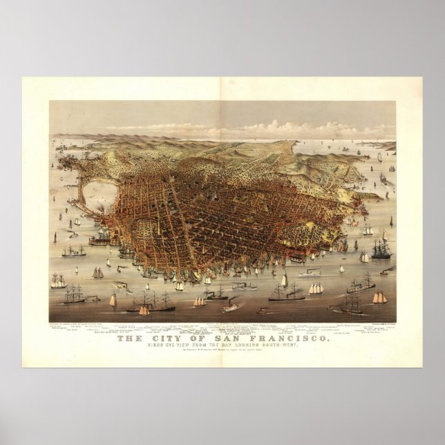 San Francisco CA 1878 Antique Panoramic Karta Poster (Framsidan)
