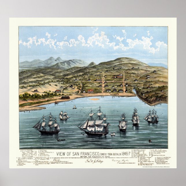 San Francisco, CA Panoramic Karta - 1847 Poster (Framsidan)