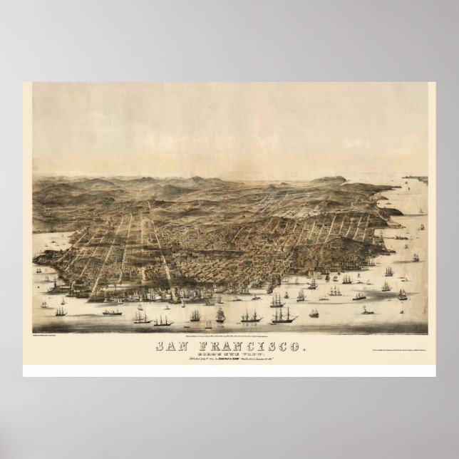 San Francisco, CA Panoramic Karta - 1864 Poster (Framsidan)