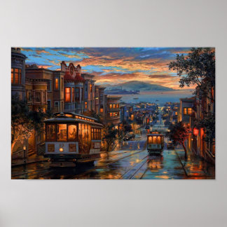 San Francisco Cable Car Sunset - Regnreflektioner Poster