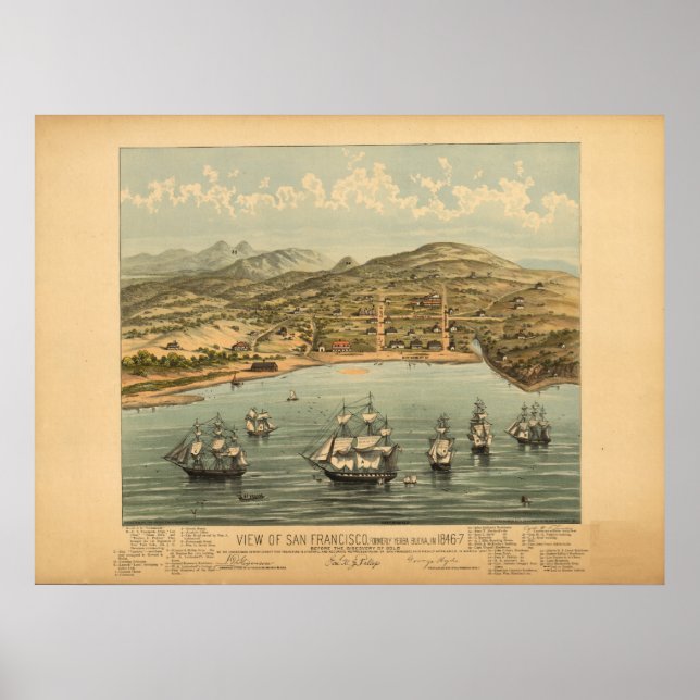 San Francisco Cal. 1847 Antique Panoramic Karta Poster (Framsidan)