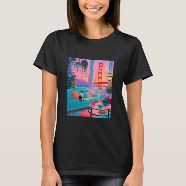 San Francisco Calico Cat GoldenGate Bridge Retro A T Shirt (Framsida)