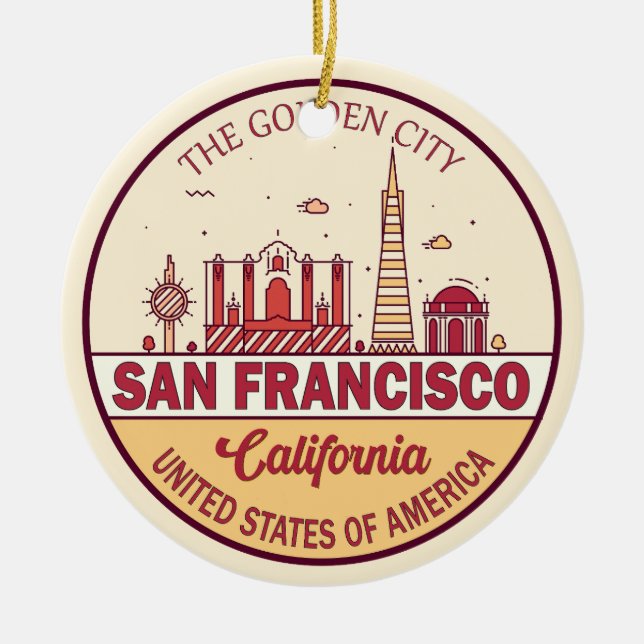 San Francisco California City Skyline Emblem Julgransprydnad Keramik (Framsidan)