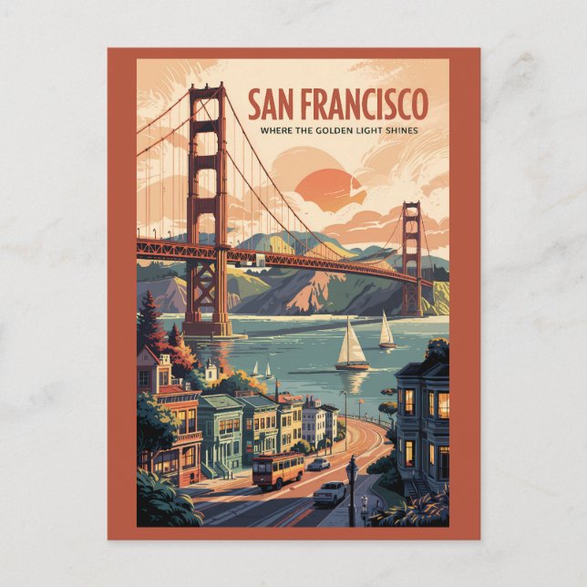 San Francisco California Skyline Travel Art Retro Vykort (Framsida)