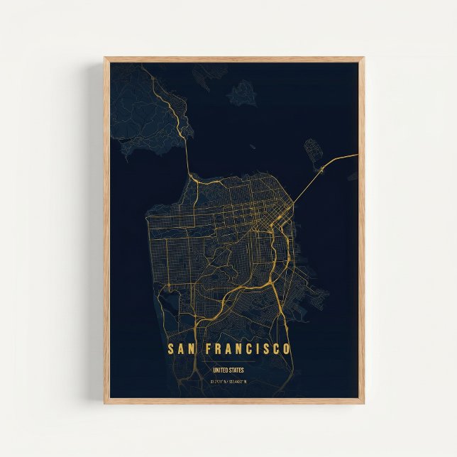 San Francisco Förgylld Tryckt Kartvägg Konst Affis Poster (Skapare uppladdad)