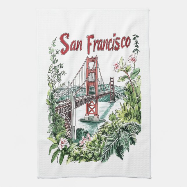 San Francisco Golden Gate Bridge Akvarelldesign Kökshandduk (Vertikal)
