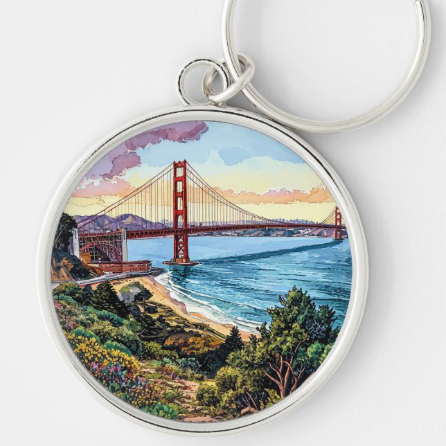 San Francisco Golden Gate Bridge Rund Silverfärgad Nyckelring (Framsidan)