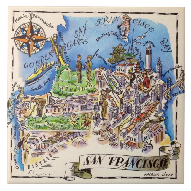 San Francisco Illustrated Blue Ceramic Tile Kakelplatta (Framsidan)