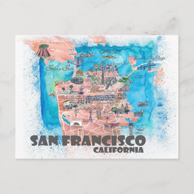 San Francisco Illustrated Travel Karta Vykort (Framsida)