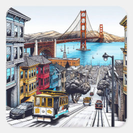 San Francisco, Kalifornien Tecknad Bok Stil Art Fyrkantigt Klistermärke