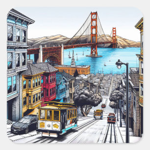 San Francisco, Kalifornien Tecknad Bok Stil Art Fyrkantigt Klistermärke