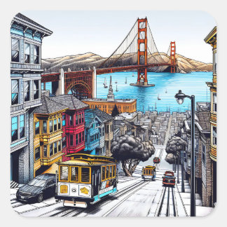 San Francisco, Kalifornien Tecknad Bok Stil Art Fyrkantigt Klistermärke