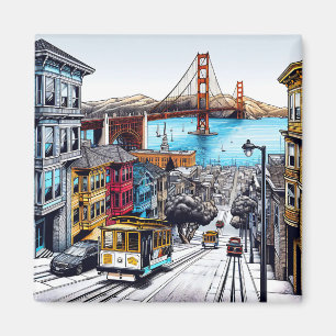 San Francisco, Kalifornien Tecknad Bok Stil Art Magnet