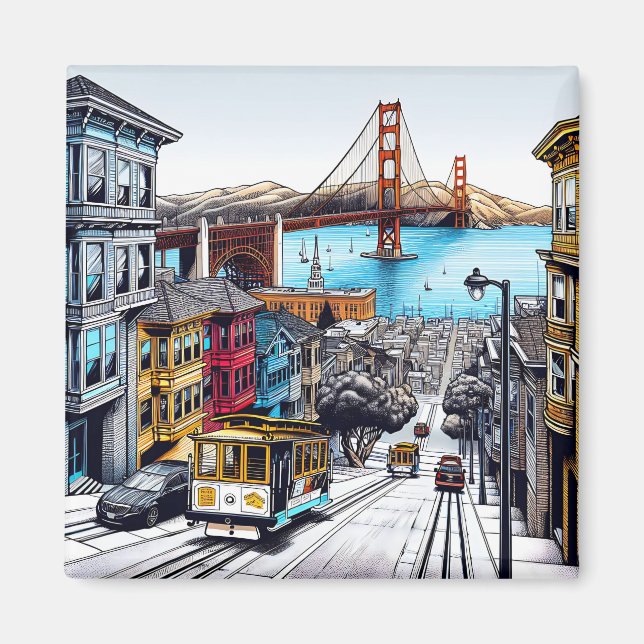 San Francisco, Kalifornien Tecknad Bok Stil Art Magnet (Framsidan)