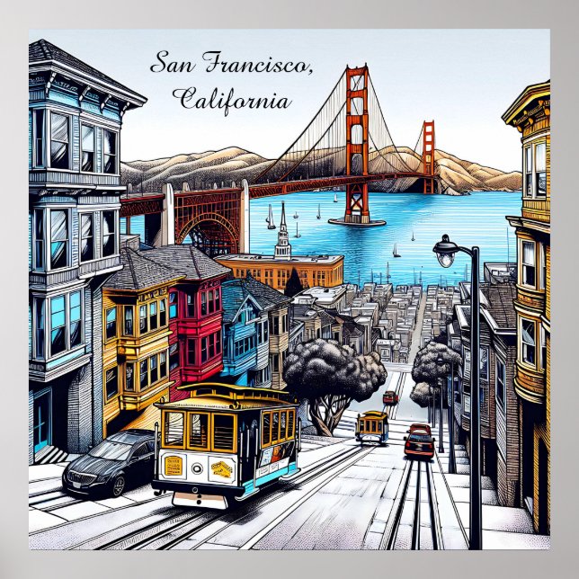 San Francisco, Kalifornien Tecknad Bok Stil Art Poster (Framsidan)