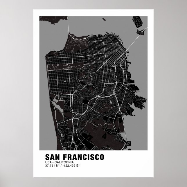 San Francisco Karta Poster - Kalifornien Black Kar (Framsidan)