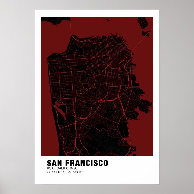 San Francisco Karta Poster - Kalifornien Röda Kart (Framsidan)