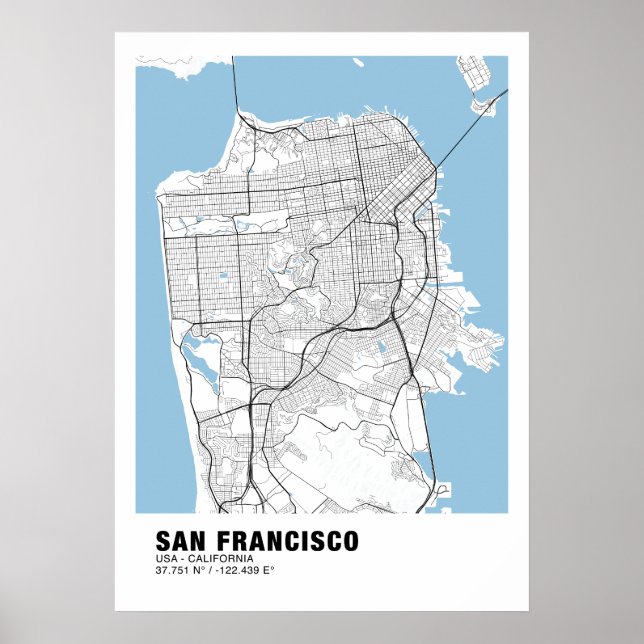 San Francisco Karta Poster - Kalifornien White Kar (Framsidan)