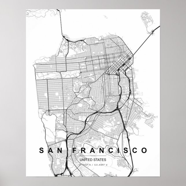 San Francisco-minimalkartan (svart och vit) Poster (Framsidan)