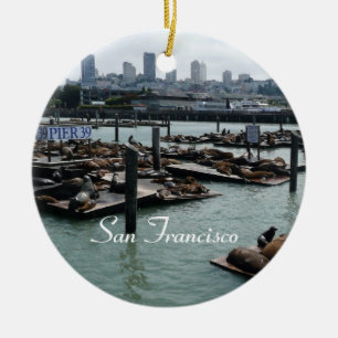 San Francisco och Pier 39 Sea Lejon City Skyline Julgransprydnad Keramik