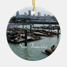 San Francisco och Pier 39 Sjölejon Stadssilhuett Julgransprydnad Keramik