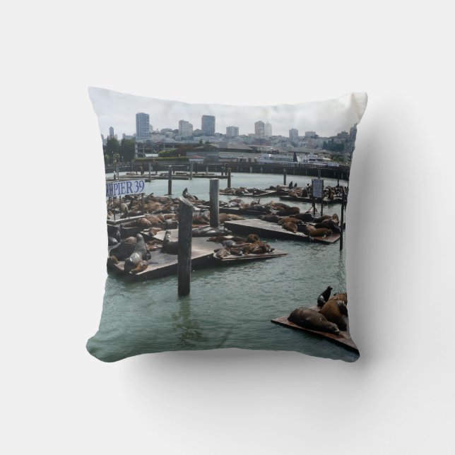 San Francisco och Pier 39 Sjölejon Stadssilhuett Kudde (Framsida)