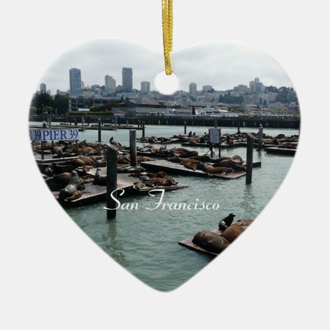 San Francisco och Pier 39 Sjölejon Stadssiluett Julgransprydnad Keramik (Framsidan)