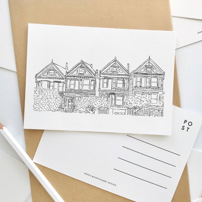 San Francisco Paated Dam Sketch-vykort Inbjudan Vykort (Black and white sketch San Francisco Painted Ladies houses travel postcard.)