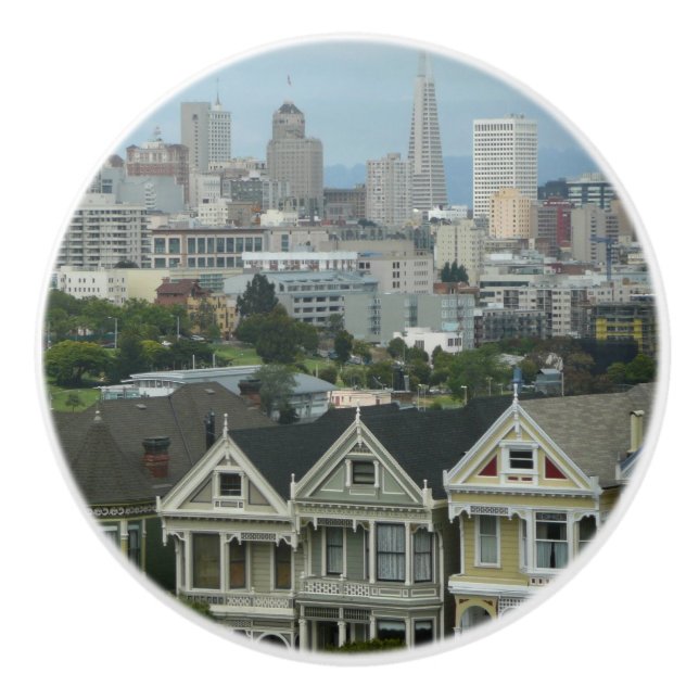 San Francisco Postcard Row Stadsscen Fotografering Knopp (Framsidan)