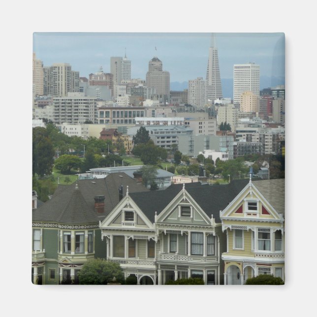 San Francisco Postcard Row Stadsscen Fotografering Magnet (Framsidan)
