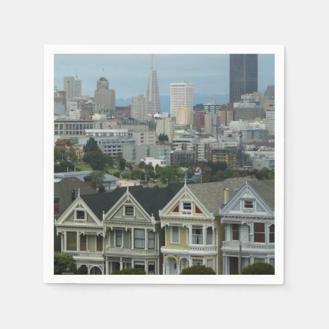 San Francisco Postcard Row Stadsscen Fotografering Pappersservett (Framsidan)