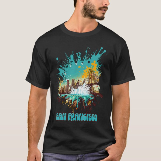 San Francisco Skyline Abstrakt Splatter Paint Glow T Shirt (Framsida)