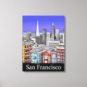 San Francisco Skyline Färgad Line Art Canvastryck