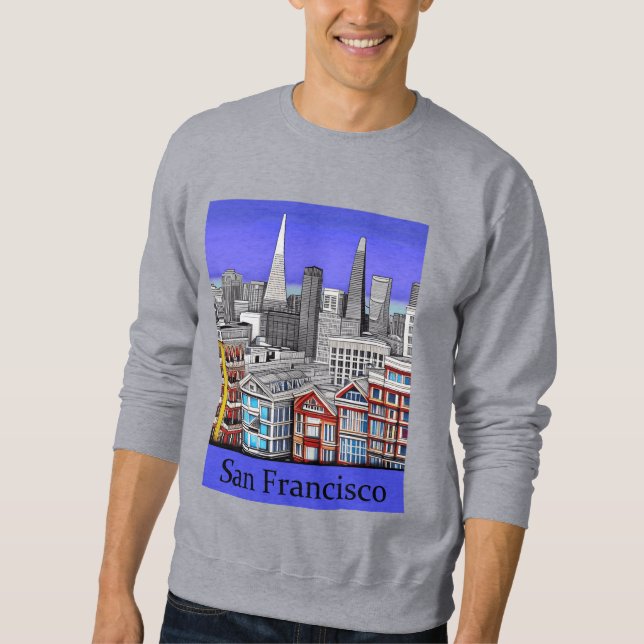 San Francisco Skyline Färgad Line Art Lång Ärmad Tröja (Framsida)