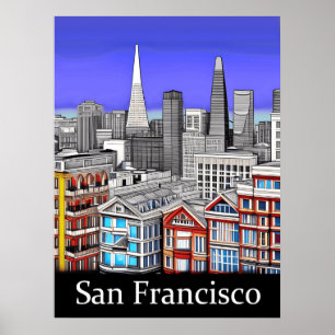 San Francisco Skyline Färgad Line Art Poster